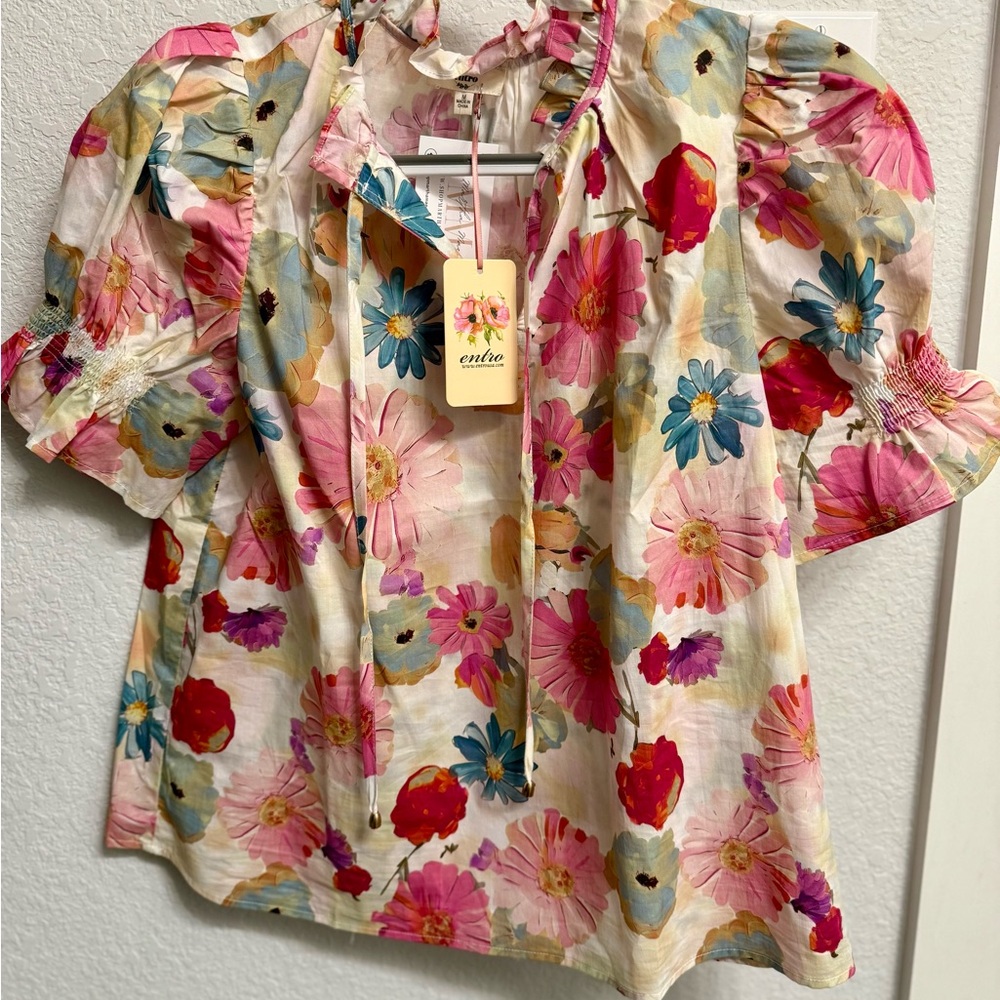 NWT Entro Floral Blouse with Pink and Blue Accents